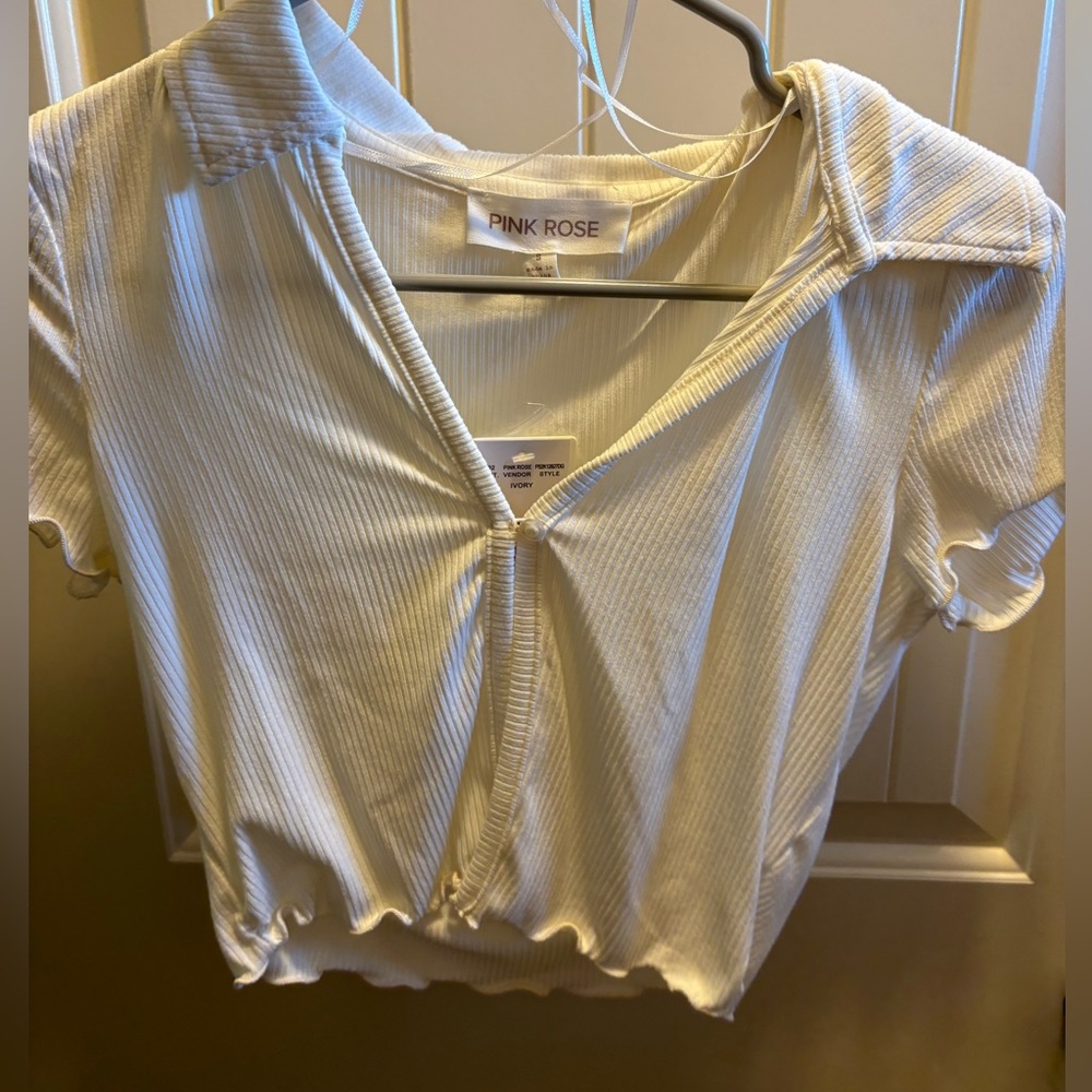 Cream “Pink Rose” Button Up top size Small